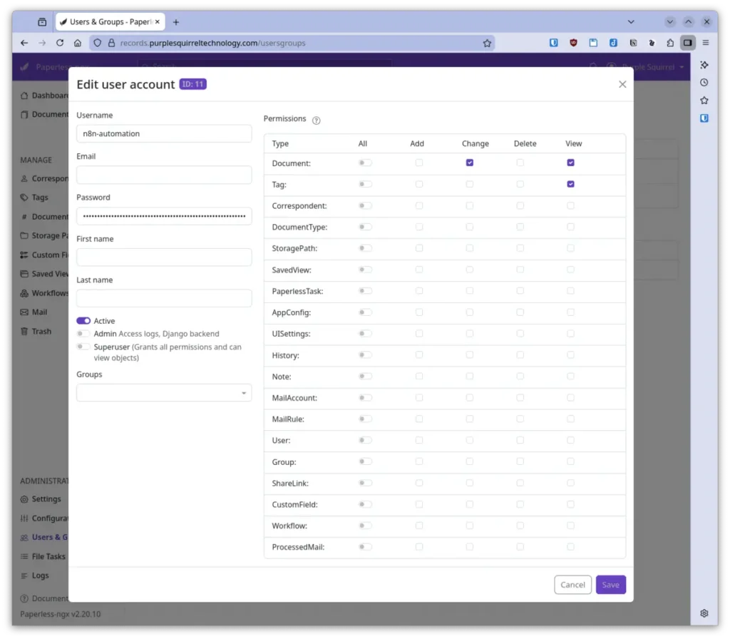 User account edit dialog