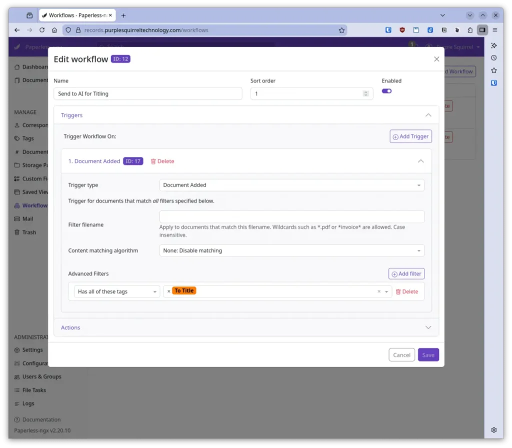 Title workflow trigger dialog